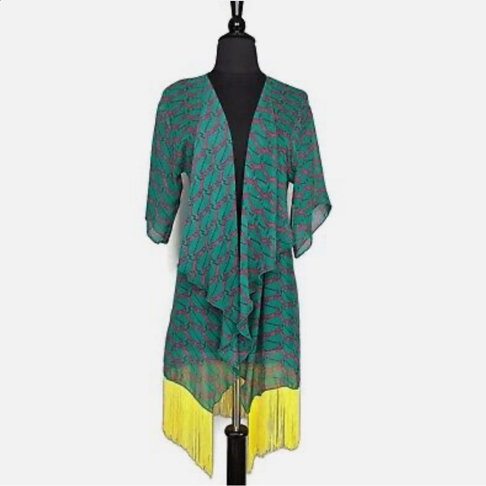 “Monroe” Duck Print Boho Fringe Edge Kimono Cardi NWOT (S) - Picture 2 of 14